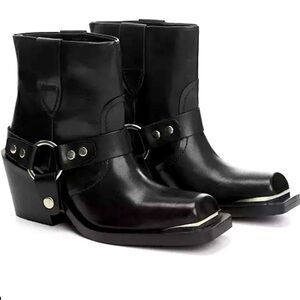 NWT Mango Black Leather Ankle Boots with Silver Accents